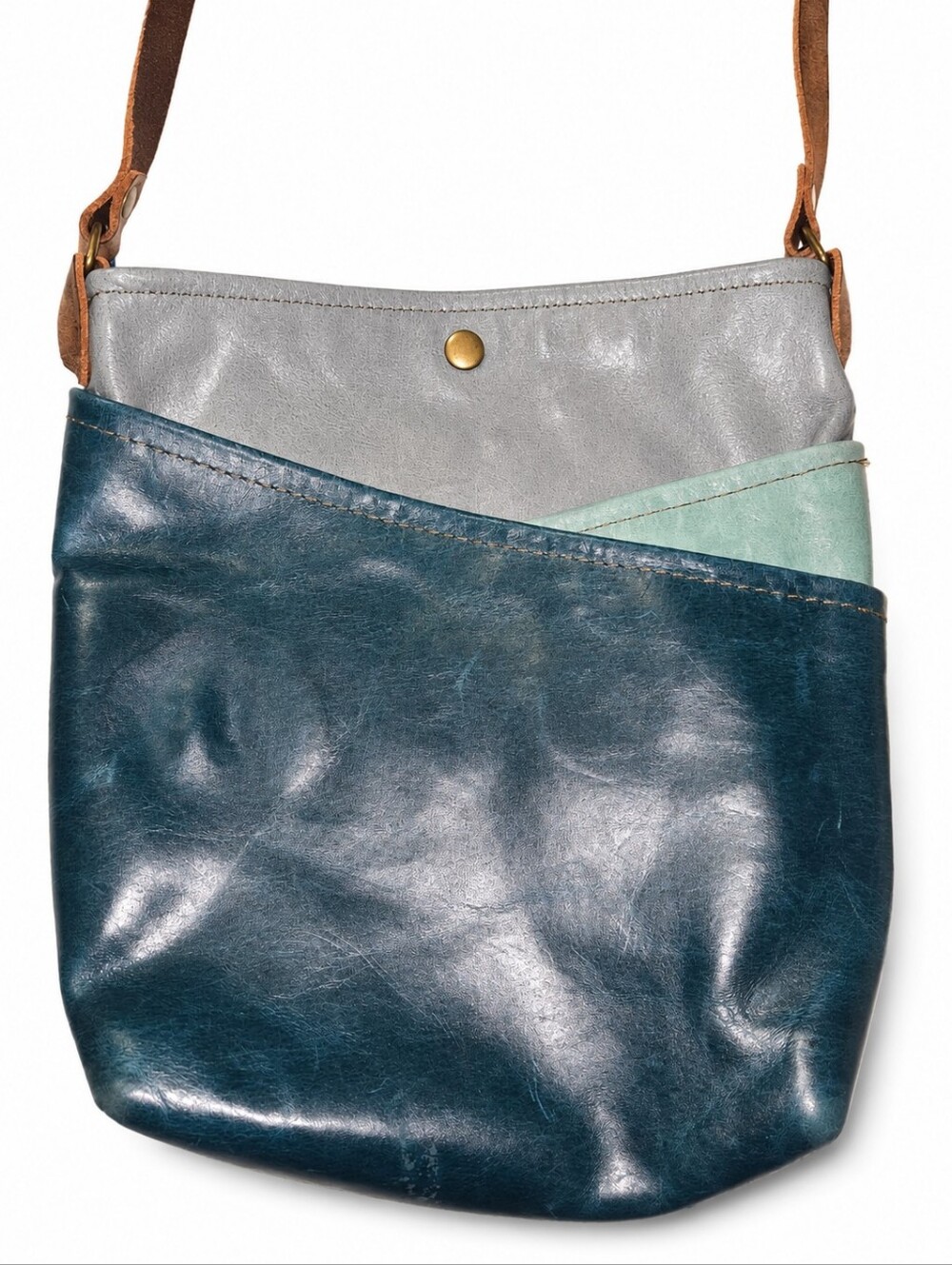 Artisan Leather Colorblock Crossbody Bag in Teal, Gray & Mint